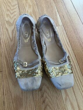 Tod’s Taupe Suede Ballet Flats with Gold Sequins
